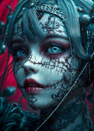 Gothic Doll Face: Dark Fantasy Art Print - Premium Wooden Framed Poster. Ready to Hang.