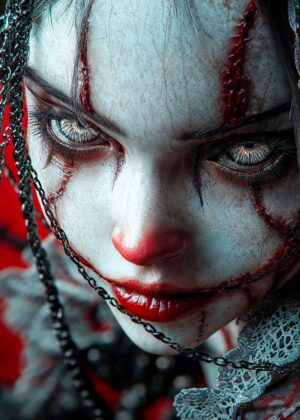 Creepy Clown Portrait: A Digital Painting of Horror and Beauty - Premium Wooden Framed Poster. Ready to Hang.