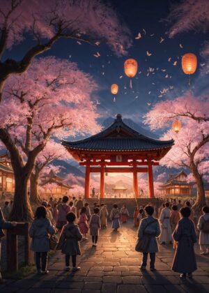 Tranquil Japanese Festival Gate at Dusk - Premium Wooden Framed Poster. Ready to Hang.