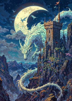Dragon Guardian of the Castle: Fantasy Art Print - Premium Wooden Framed Poster. Ready to Hang.