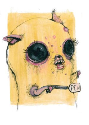 Whimsical Creature with Gun Illustration - Premium Wooden Framed Poster. Ready to Hang.