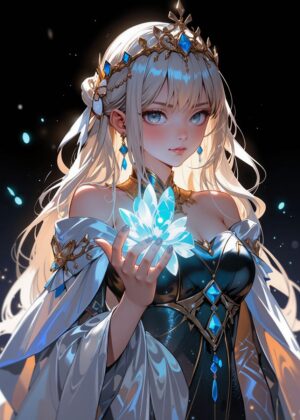 Anime Princess with Crystal: Elegant Fantasy Art Print - Premium Wooden Framed Poster. Ready to Hang.