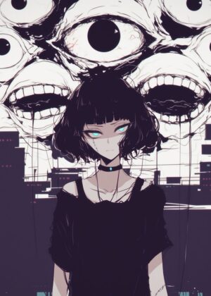 Anime Girl Gazing into the Abyss - Premium Wooden Framed Poster. Ready to Hang.