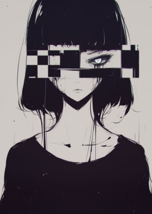 Distorted Dreams: Anime Girl Glitch Art - Premium Wooden Framed Poster. Ready to Hang.