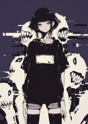 Anime Girl and Her Shadow Monsters - Premium Wooden Framed Poster. Ready to Hang.