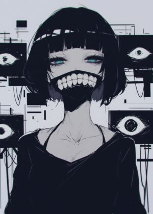 Anime Girl with Eyes: Dark Fantasy Art Print - Premium Wooden Framed Poster. Ready to Hang.