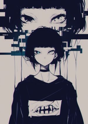 Cyberpunk Anime Girl Glitch Art Print - Premium Wooden Framed Poster. Ready to Hang.