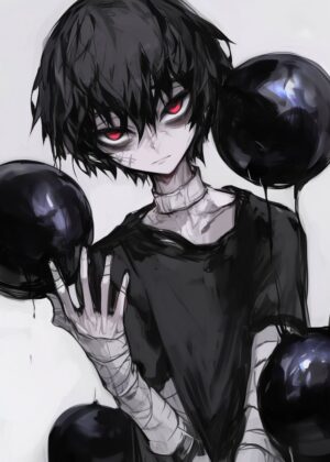Anime Boy with Dark Spheres: Mysterious and Edgy Art Print - Premium Wooden Framed Poster. Ready to Hang.