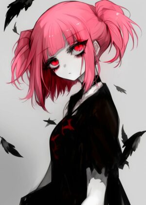 Anime Girl with Vibrant Pink Hair and Dark Clothing - Premium Wooden Framed Poster. Ready to Hang.