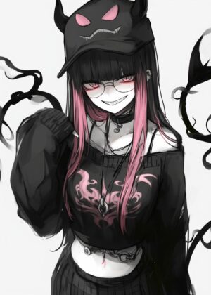Dark Anime Girl with Devil Horns - Premium Wooden Framed Poster. Ready to Hang.