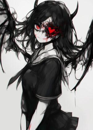 Dark Angel Girl: Gothic Anime Art Print - Premium Wooden Framed Poster. Ready to Hang.
