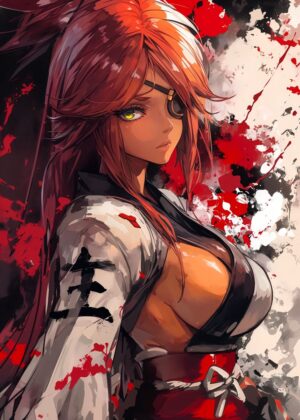 Fierce Anime Girl with Eyepatch: Digital Art Print - Premium Wooden Framed Poster. Ready to Hang.