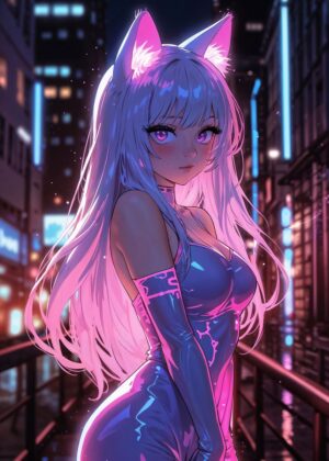 Cyberpunk Anime Girl in Neon Pink - Premium Wooden Framed Poster. Ready to Hang.