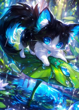 Adorable Kitten on a Lily Pad in the Rain - Premium Wooden Framed Poster. Ready to Hang.