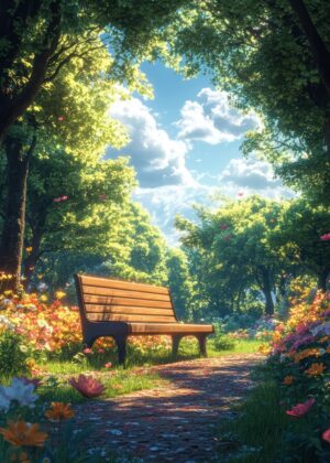 Serene Spring Park Bench - Premium Wooden Framed Poster. Ready to Hang.