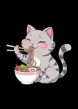 Kawaii Ramen Cat: A Cute Anime Noodle Lover - Premium Wooden Framed Poster. Ready to Hang.