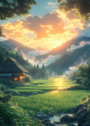 Japanese Countryside Sunset: Serene Beauty - Premium Wooden Framed Poster. Ready to Hang.