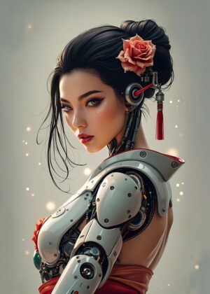 Cyberpunk Geisha: A Fusion of Tradition and Technology - Premium Wooden Framed Poster. Ready to Hang.