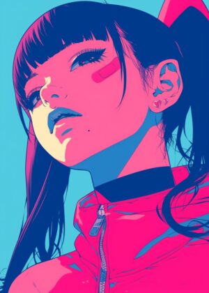 Vibrant Anime Girl in Pink and Blue - Premium Wooden Framed Poster. Ready to Hang.