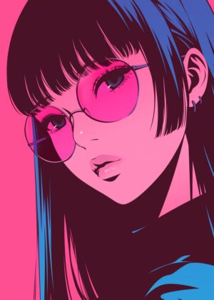 Anime Girl with Pink Glasses: Retro Style Art Print - Premium Wooden Framed Poster. Ready to Hang.