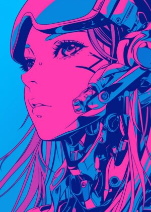 Neon Cyberpunk Anime Girl Art Print - Premium Wooden Framed Poster. Ready to Hang.