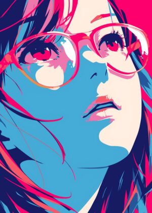 Anime Girl with Glasses: Vibrant Pop Art Style - Premium Wooden Framed Poster. Ready to Hang.