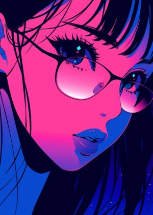 Cyberpunk Anime Girl with Glasses: Neon Dreams - Premium Wooden Framed Poster. Ready to Hang.
