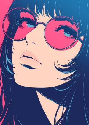 Anime Girl with Pink Sunglasses: Stylish and Chic Art Print - Premium Wooden Framed Poster. Ready to Hang.