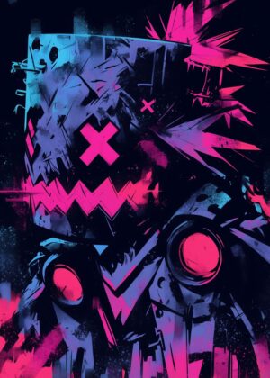 Cyberpunk Robot Head: Neon Dreams Art Print - Premium Wooden Framed Poster. Ready to Hang.