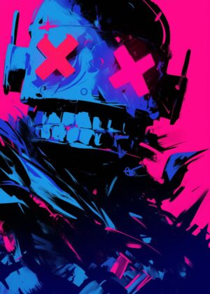 Neon Cyberpunk Robot Art: Digital Painting - Premium Wooden Framed Poster. Ready to Hang.
