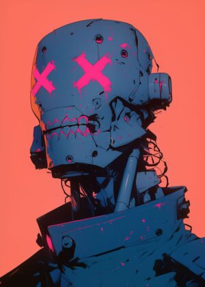 Cyberpunk Robot Portrait: Digital Art Print - Premium Wooden Framed Poster. Ready to Hang.