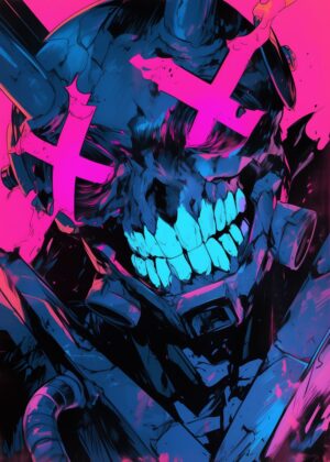 Neon Skull Cyberpunk Art Print - Premium Wooden Framed Poster. Ready to Hang.