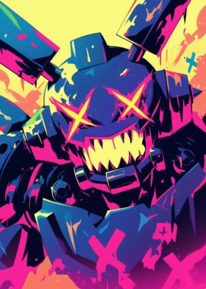 Neon Nightmare: Cyberpunk Monster Art Print - Premium Wooden Framed Poster. Ready to Hang.