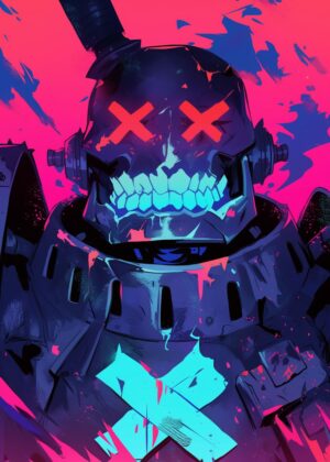 Cyberpunk Skull Warrior: Neon Nights Art Print - Premium Wooden Framed Poster. Ready to Hang.