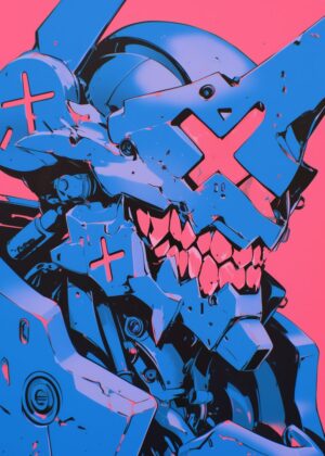 Cyberpunk Mecha Head: Digital Art Print - Premium Wooden Framed Poster. Ready to Hang.