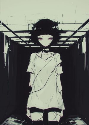 Anime Girl in a Cage: Dark Art Print - Premium Wooden Framed Poster. Ready to Hang.