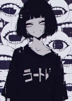 Anime Girl Surrounded by Mouths Art Print - Premium Wooden Framed Poster. Ready to Hang.