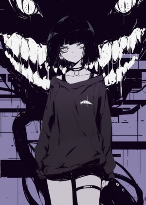 Anime Girl and Monster: Dark Fantasy Art Print - Premium Wooden Framed Poster. Ready to Hang.