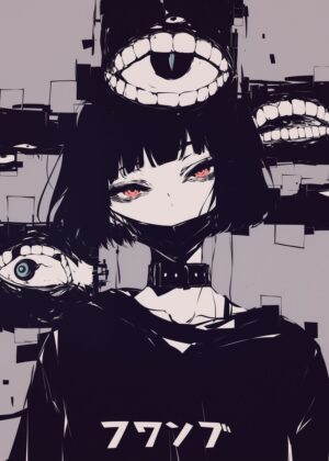 Anime Girl with Eyes: Dark Fantasy Art Print - Premium Wooden Framed Poster. Ready to Hang.
