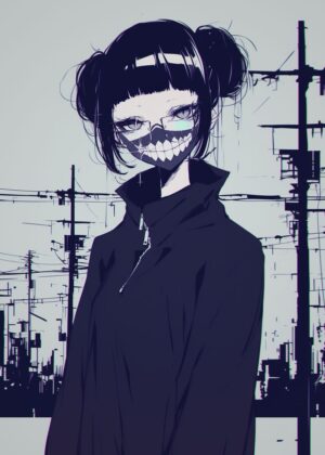 Anime Girl in Mask: Urban Style Digital Art Print - Premium Wooden Framed Poster. Ready to Hang.