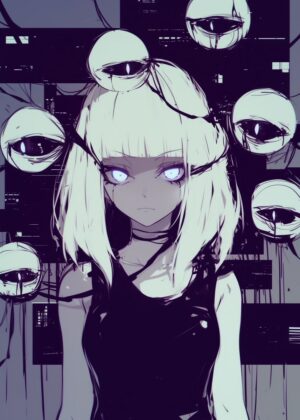 Anime Girl with Glowing Eyes and Glitch Art Background - Premium Wooden Framed Poster. Ready to Hang.