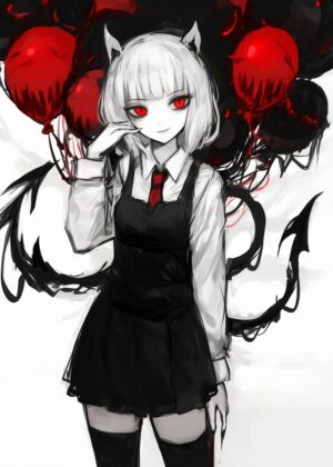 Dark Anime Girl with Red Balloons Artwork - Premium Wooden Framed Poster. Ready to Hang.
