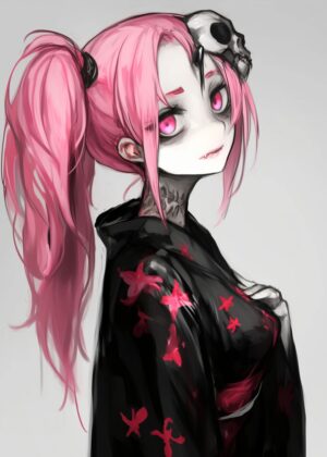 Pink-Haired Anime Girl with Skull Accessory - Premium Wooden Framed Poster. Ready to Hang.