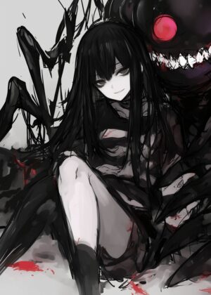 Dark Anime Girl and Monster Artwork Print - Premium Wooden Framed Poster. Ready to Hang.