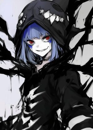 Dark Anime Girl Hooded Figure - Premium Wooden Framed Poster. Ready to Hang.