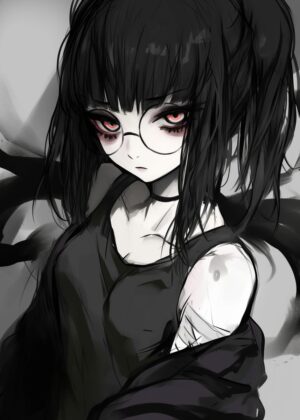 Anime Girl with Red Eyes: Dark and Mysterious Art Print - Premium Wooden Framed Poster. Ready to Hang.