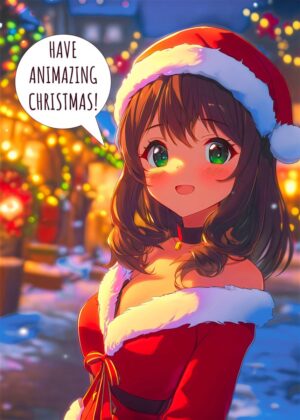 Anime Girl Merry Christmas: Festive Anime Art Print - Premium Wooden Framed Poster. Ready to Hang.