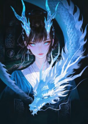 Anime Girl and Blue Dragon Art Print - Premium Wooden Framed Poster. Ready to Hang.