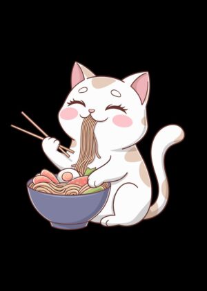 Kawaii Ramen Cat: A Delightful Anime-Style Illustration - Premium Wooden Framed Poster. Ready to Hang.