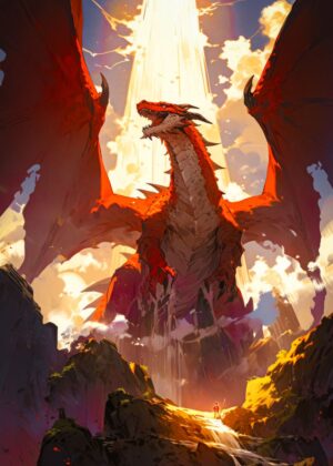 Majestic Red Dragon Fantasy Art Print - Premium Wooden Framed Poster. Ready to Hang.